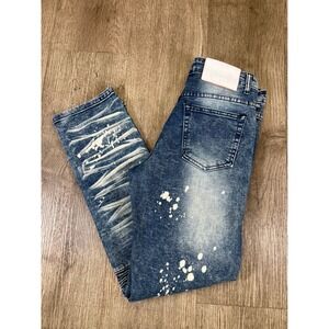 GSTR Boys Moto Biker Jeans Size 16 Blue Acid Wash Paint Splatter Ribbed Denim